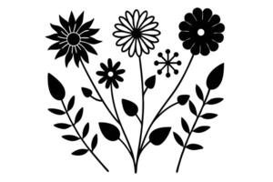 Black Flowers and Foliage Silhouette on White Backdrop Botanical Elements Design vector