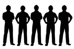 Full length silhouette of five engineers wearing hard hats standing in various poses vector