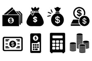 Dollar Symbol Icons Set on Transparent Background, Money Sack, Calculator, Credit vector