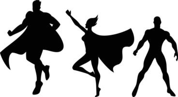Superheroes Silhouettes Set with Cape flying and Standing on White Background vector