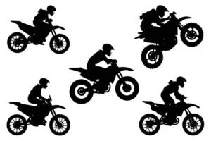 Silhouette of Motorcross Rider Jumping and Performing Tricks on Motorcycles vector