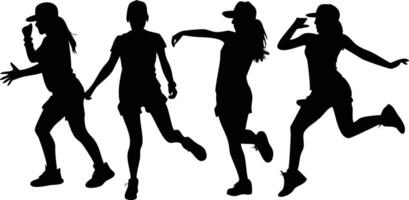 Girls Dancers Black Silhouette Dancing with Cap Action Pose on White Background vector