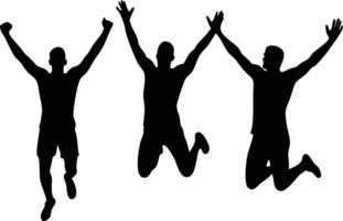 Three Silhouetted Men Jumping With Arms Raised in Celebration on White Background vector
