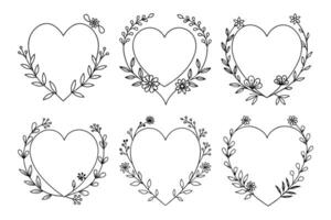 Floral Heart Frames Collection, Botanical Border Set in Doodle Style, Line Art vector
