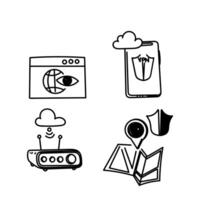 a set of four icons that include a phone, a computer, a camera and a map vector