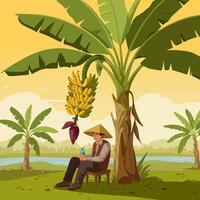 Man Resting Under Banana Tree with Water Bottle in Rural Setting vector
