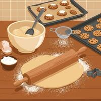 Preparing Homemade Cookies Dough Rolling and Baking on Wooden Table vector