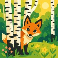 Cartoon Fox Peeking From Behind Birch Trees in Forest Scene vector