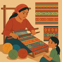 Woman Weaving Traditional Pattern on Loom with Child Watching Illustration vector