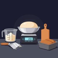Measuring Bread Dough on Scale with Ingredients Ready for Baking vector
