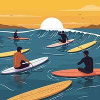 Surfers Waiting for Waves at Sunset Enjoying the Ocean View vector