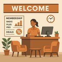 Receptionist at Desk Welcoming Visitors with Membership Information Displayed vector