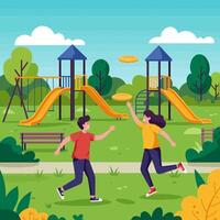 People Playing Disc in Park on Sunny Day with Slides vector