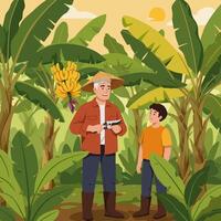 Farmer and Boy Harvesting Banana Crop Together on a Plantation vector