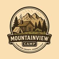 Cabin and Tent Camping in the Mountains Badge Retro Design vector