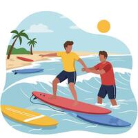 Man Learning to Surf with Instructor at Beach During Summer Day vector