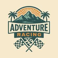Adventure Racing Emblem with Mountain Scene and Checkered Flags vector