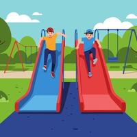Boys Sliding Down Slides at Playground on Sunny Day Enjoying Fun vector