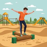 Man Balancing on Log in Playground Outdoor Fitness Activity vector