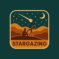 Observing Night Sky with Telescope Badge Under Shooting Star and Moon vector