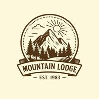 Mountain Lodge Graphic Design Featuring Pine Trees Peaks and Sun vector