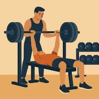 Man Bench Pressing with Spotter for Safety and Exercise Assistance vector