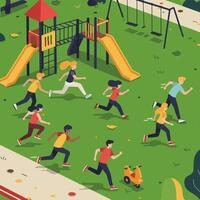 People Running on Playground with Slide and Swing Set Cartoon vector