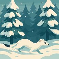 Stoat Walking Through Snowy Forest with Evergreen Trees and Snow vector