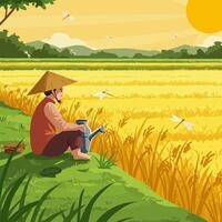 Farmer Relaxing by Rice Field with Watering Can Under Sun vector