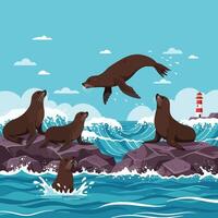 Sea Lions Group on Rocks Near Ocean Jumping and Splashing vector