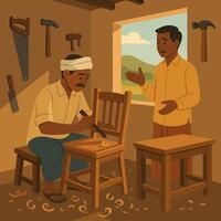 Craftsman Carving Wood Chair While Talking with a Colleague Indoors vector
