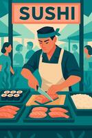 Chef Preparing Fresh Salmon for Meal at a Market Stand vector