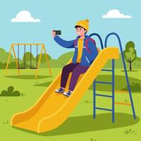 Boy Taking Selfie on Slide in Outdoor Playground Cartoon Style vector