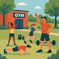 People Exercising Outside Gym with Trainer Leading Workout Session vector