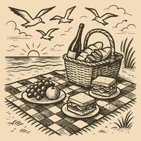 Picnic by the Seaside Sketch of Food, Basket and Birds vector