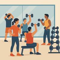 People Lifting Weights in Gym Setting Engaging in Physical Exercise vector