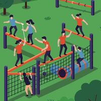 People Navigating Obstacle Course in Isometric Outdoor Green Park Setting vector