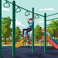 Boy Playing on Monkey Bars in Sunny Park Playground Scene vector