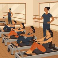 Women Exercising on Pilates Machines in Studio with Instructor Present vector