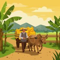 Farmer Transporting Bananas on Cart Pulled by Ox in Rural Landscape vector