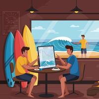People Discussing Analytics at Beach Cafe Near Surfboards and Ocean vector