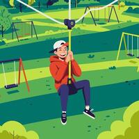 Boy Enjoying Zip Line Ride in Park Playground Fun vector