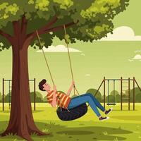 Man Relaxing on Tire Swing Under Tree in Park Illustration vector