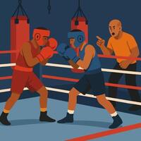 Two Boxers Fighting in Ring Under Referee Supervision and Punching Bag vector