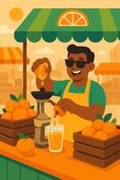 Man Squeezing Orange Juice at Stand on Sunny Day Illustration vector