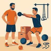 Man Lifting Kettlebell with Trainer Watching in Gym Setting vector