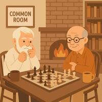 Elderly Men Playing Chess Together in a Cozy Common Room vector