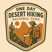 Desert Hiking Adventure Badge Man with Backpack and Mountain View vector