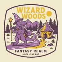 Cartoon Dinosaur Wizard Walking in Fantasy Woods with Tiny House vector
