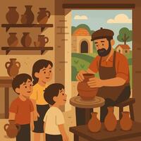 Potter Teaching Pottery to Children in Workshop with Rural View vector
